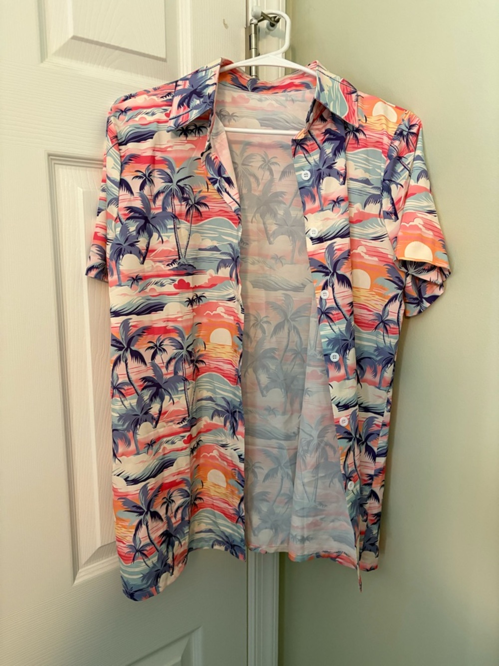 Tropical Palm Short-Sleeve Button-Up Shirt in Coral & Blue